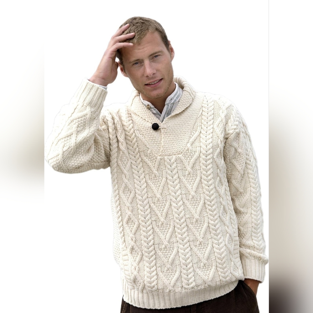 Aran Crafts NWT Irish Knitwear Shawl Collar Men's Cream Sweater XL Merino Wool